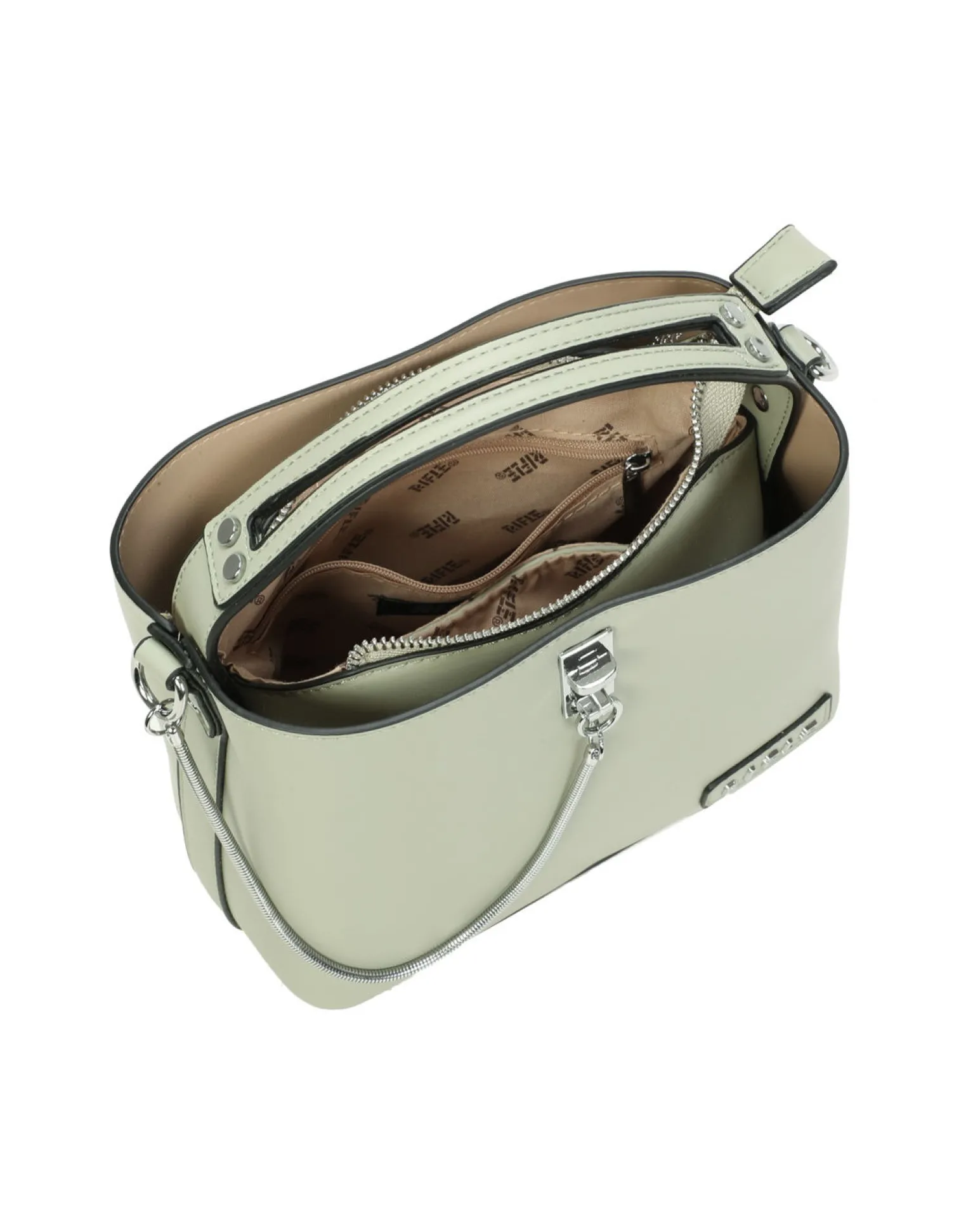 RIFLE - Minibag verde salvia con tre scomparti principali e dettaglio catenina, tracolla removibile