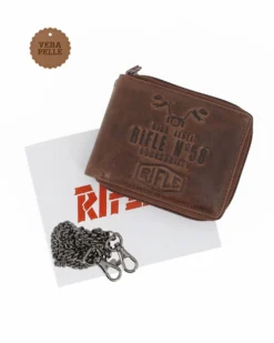RIFLE - Portafoglio marrone in VERA PELLE da uomo con chiusura a zip e catenina removibile