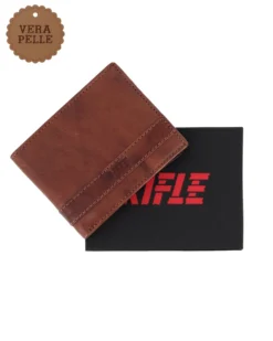 RIFLE - Portafoglio uomo cognac con logo frontale e ribaltina in VERA PELLE