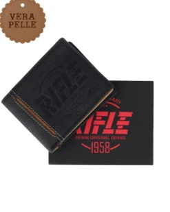 RIFLE - Portafoglio uomo nero con logo frontale e ribaltina in VERA PELLE
