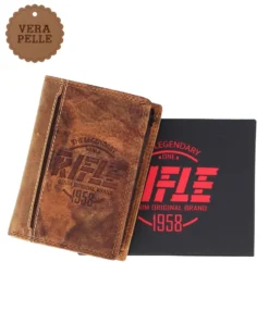 RIFLE - Portafoglio uomo tan con logo frontale e ribaltina in VERA PELLE