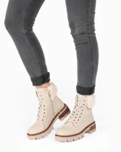 RIFLE - Scarponcino panna da donna con lacci, zip laterale e pelliccia