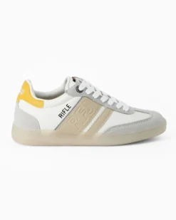 RIFLE - Sneakers bianca da donna con patch posteriore gialla e lacci