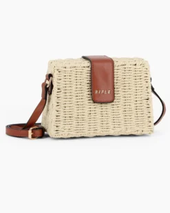 RIFLE - Tracollina beige in paglia intrecciata con pattina marrone