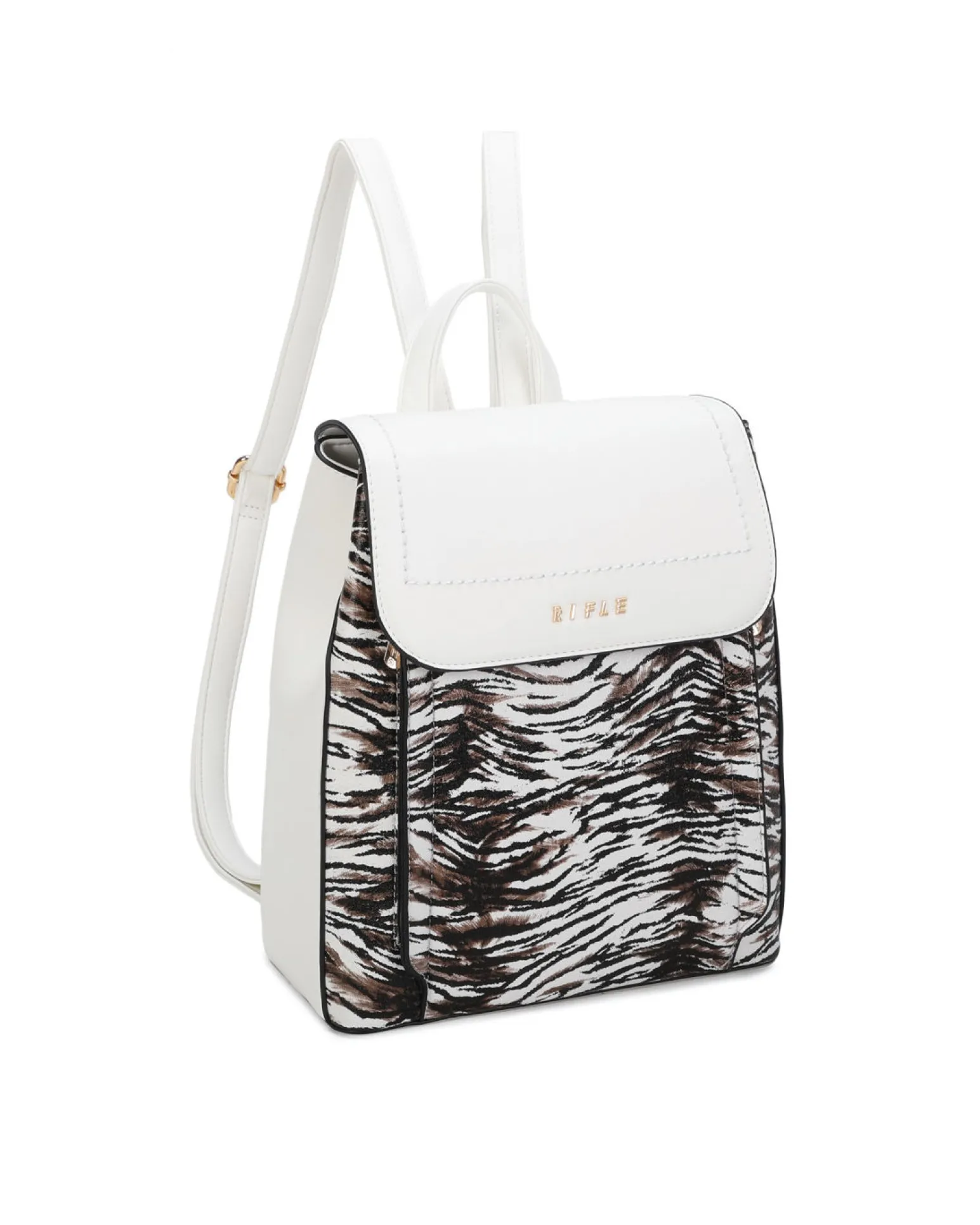 RIFLE - Zaino animalier bianco con doppia tasca frontale e patta