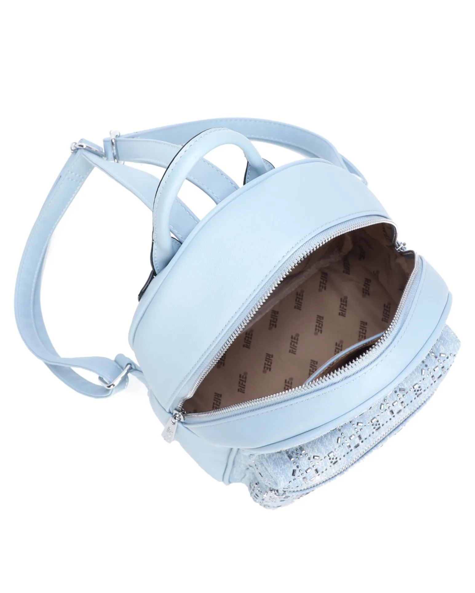 RIFLE - Zaino celeste con tascone frontale e strass