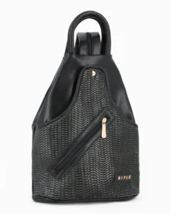 RIFLE - Zaino nero due manici con tasca frontale effetto paglia e spalline regolabili con zip