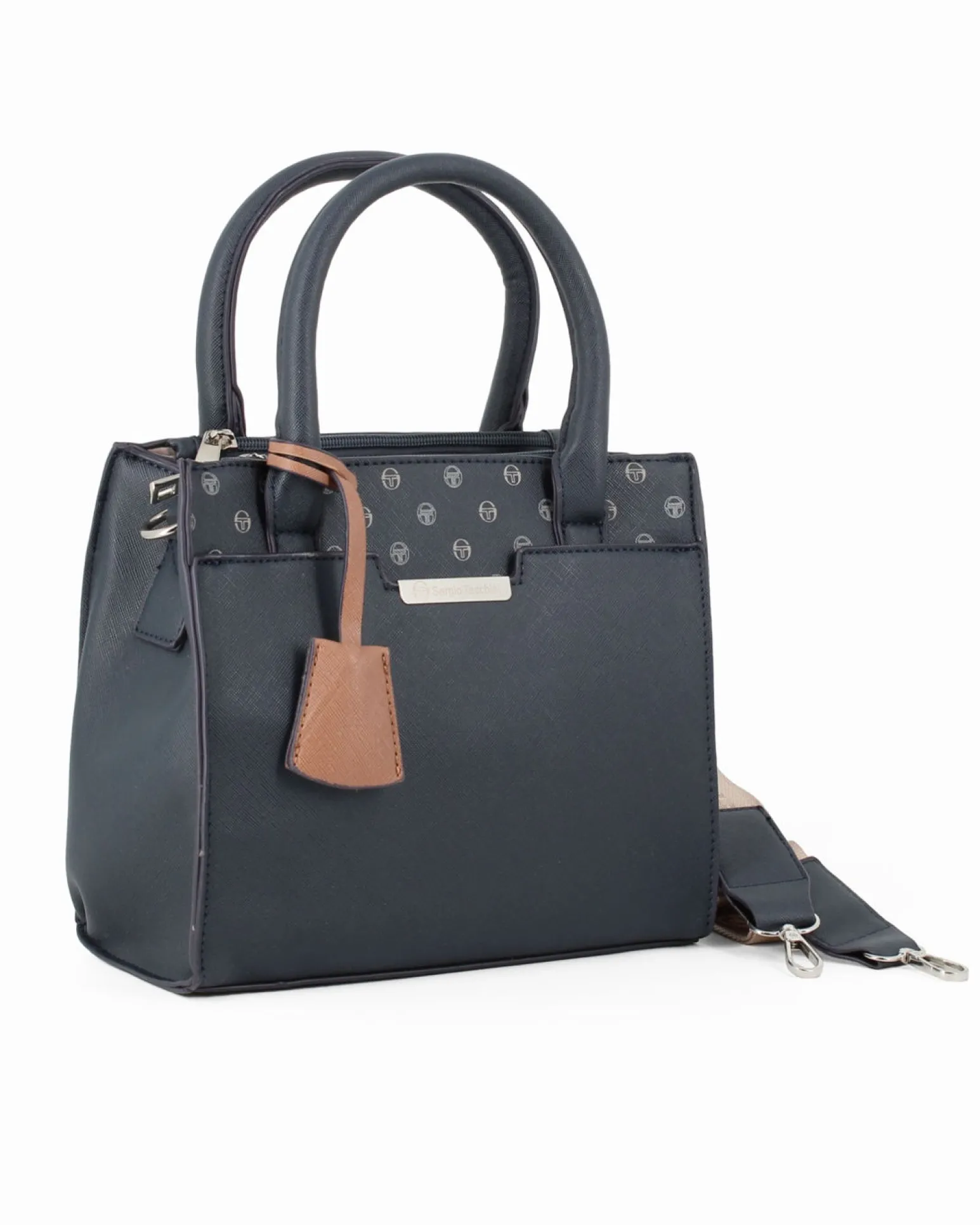 SERGIO TACCHINI - Borsa due manici blu con tasca frontale e tre scomparti interni, tracolla e ciondolo portachiavi removibili