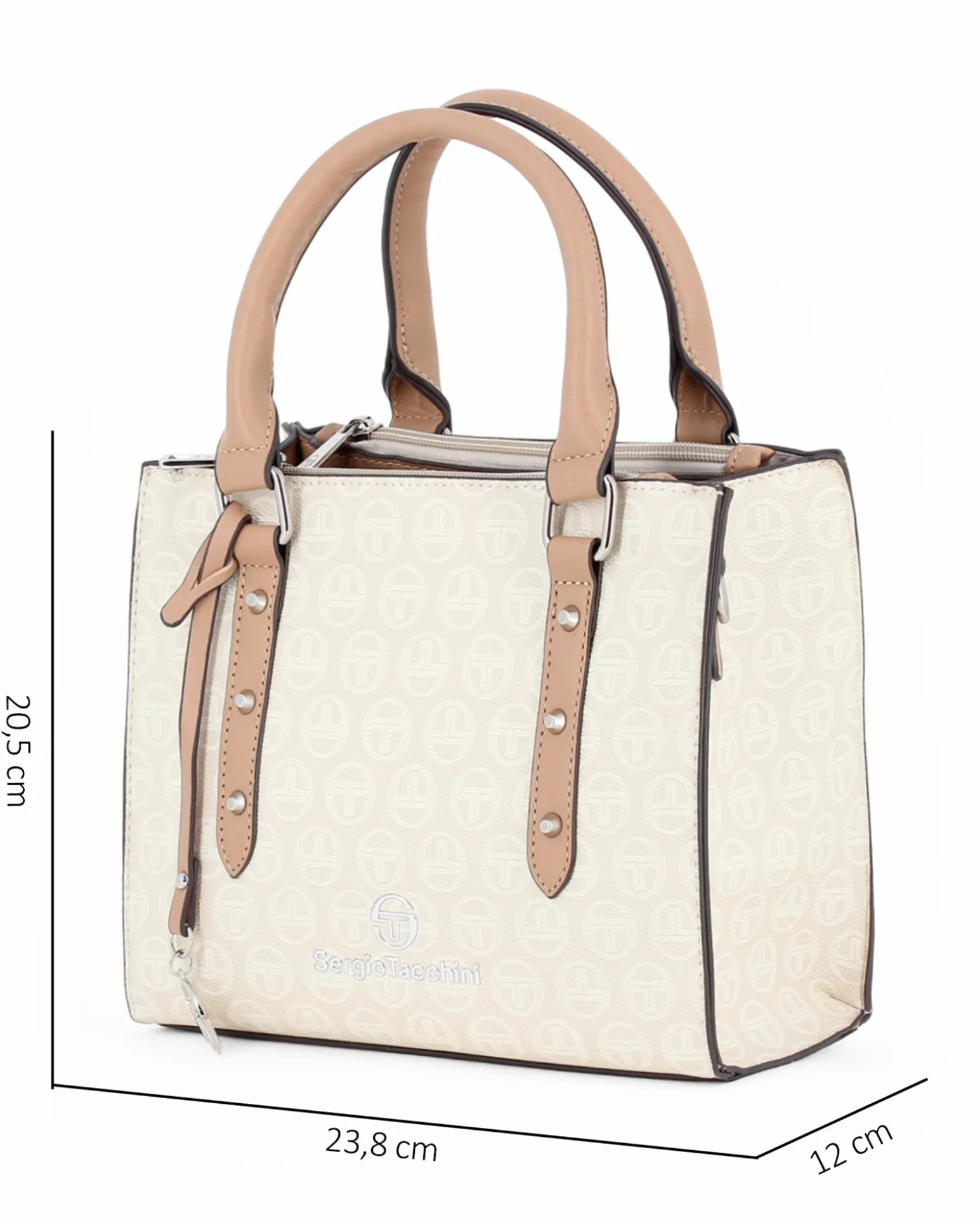 SERGIO TACCHINI - Borsa due manici panna loggata con ciondolo e tracolla removibili