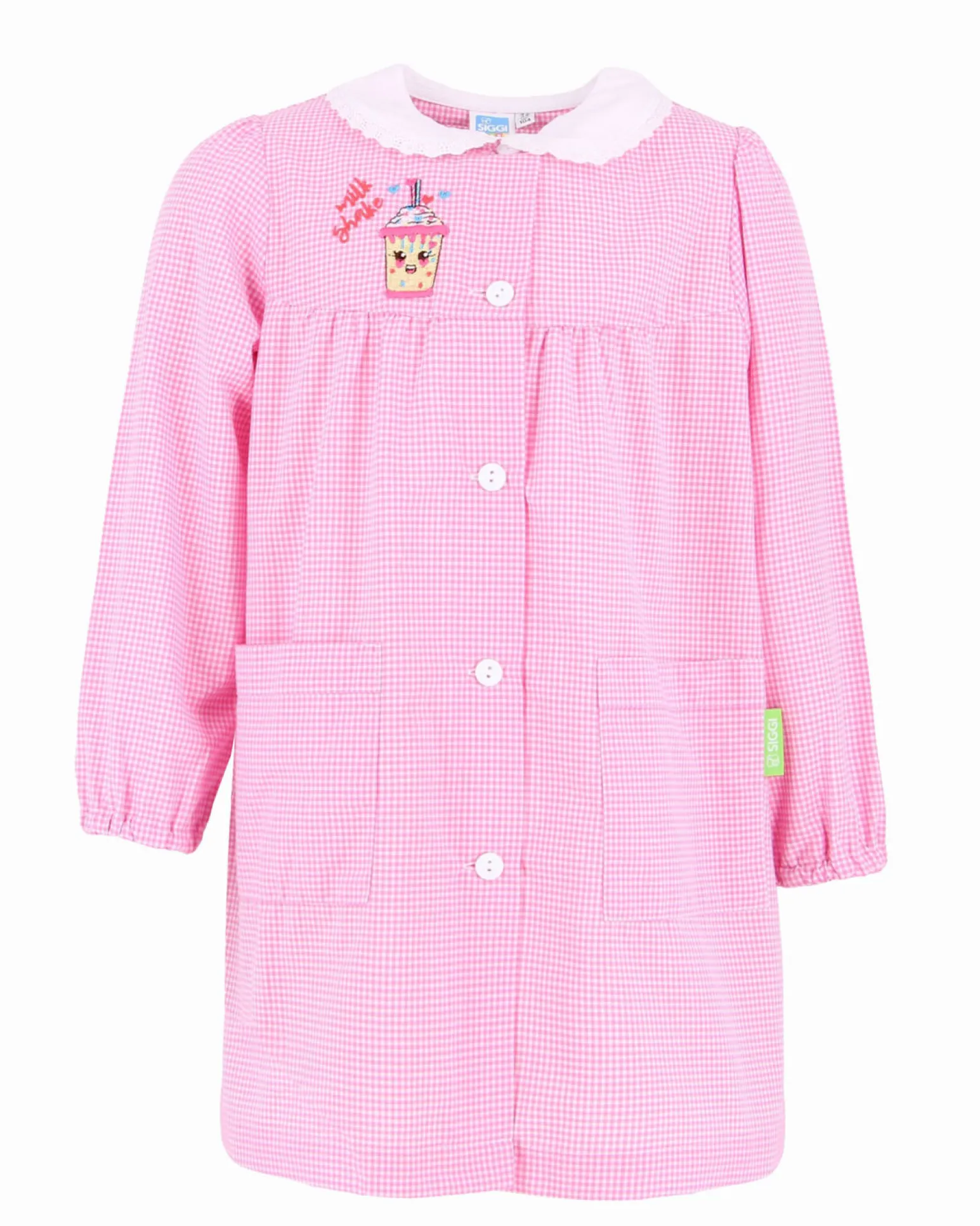SIGGI - Grembiule asilo rosa a quadretti da bimba con due tasche frontali e graffetta in omaggio, certificazione OEKO TEX