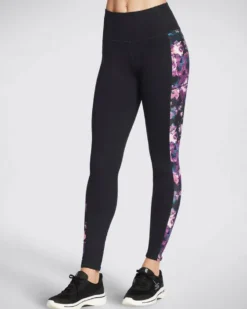 SKECHERS - Leggins neri a vita alta con banda laterale floreale