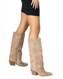 SOLEIL - Stivale texano khaki scamosciato con zip laterale e risvolto, tacco 7CM