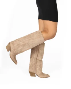 SOLEIL - Stivale texano khaki scamosciato con zip laterale e risvolto, tacco 7CM