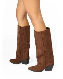 SOLEIL - Stivale texano marrone scamosciato con zip laterale e risvolto, tacco 7CM