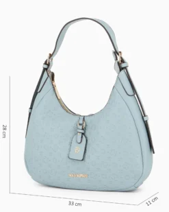 SOLO SOPRANI - Borsa a spalla jeans con parte frontale loggata e manico con fibbie