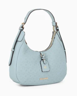 SOLO SOPRANI - Borsa a spalla jeans con parte frontale loggata e manico con fibbie