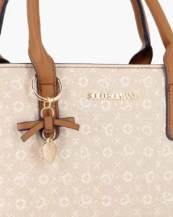 SOLO SOPRANI - Borsa due manici beige loggata con ciondolo fiocco+cuore, tracolla removibile