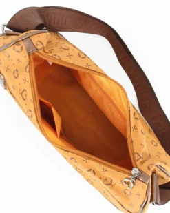 SOLO SOPRANI - Borsa mezzaluna senape con tasca frontale e tracolla regolabile
