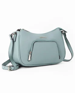 SOLO SOPRANI - Borsa mezzaluna azzurra con tasca frontale