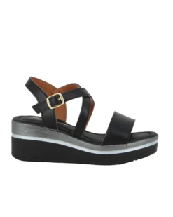 STARLIGHT - Sandalo platform nero con sottopiede in VERA PELLE e cinturini incrociati, tacco 5,5CM - MADE IN ITALY