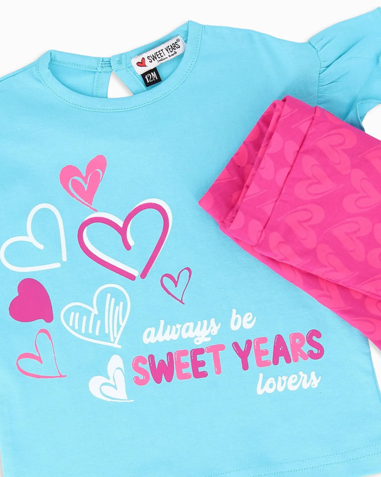 SWEET YEARS - Completo mezza manica acquamarina neonata 12-30 mesi in cotone