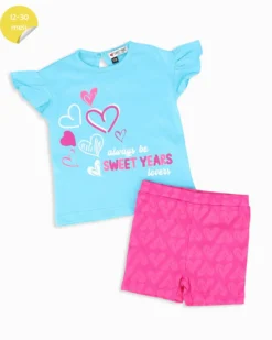 SWEET YEARS - Completo mezza manica acquamarina neonata 12-30 mesi in cotone