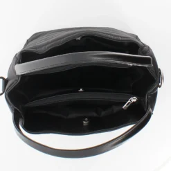 TATOO - Borsa nera due manici con fasce orizzontali imbottite e tracolla removibile, MADE IN ITALY