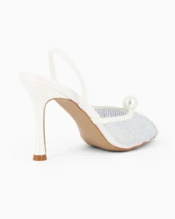 TATOO - Sandalo slingback bianco con strass e perla, tacco 9,5CM