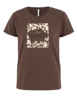 TATOO - Tshirt manica corta con stampa e scritta marrone in cotone