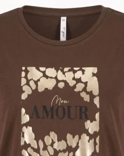 TATOO - Tshirt manica corta con stampa e scritta marrone in cotone