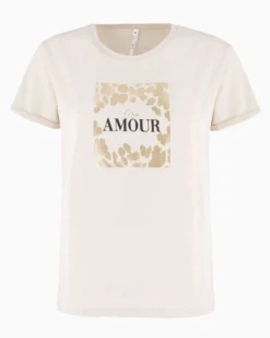 TATOO - Tshirt manica corta con stampa e scritta beige in cotone