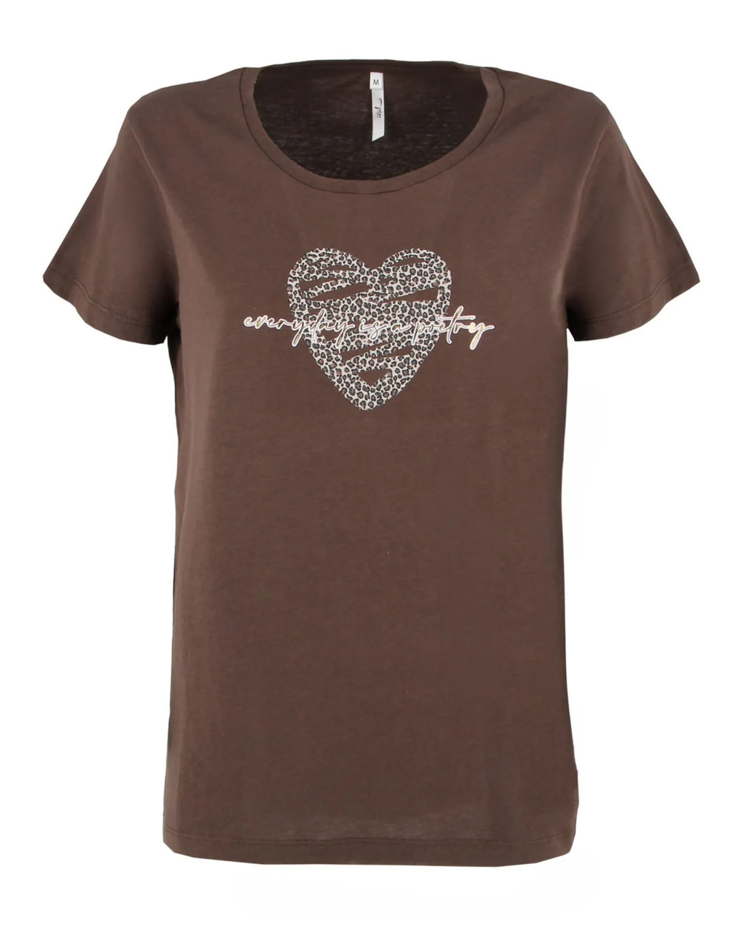 TATOO - Tshirt manica corta con cuore e scritta marrone in cotone