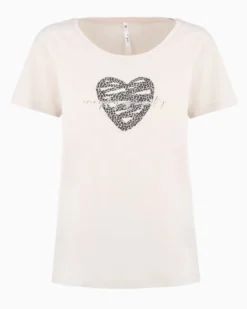 TATOO - Tshirt manica corta con cuore e scritta panna in cotone