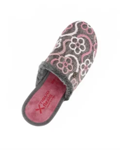 TIGLIO - Pantofola grigia da donna con ricami floreali, MADE IN ITALY