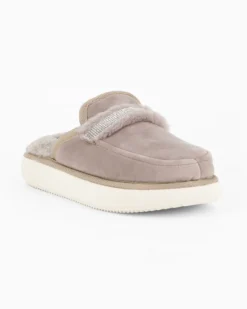 TIGLIO RAMBLAS - Pantofola beige da donna con pelliccia interna e cinturino con strass