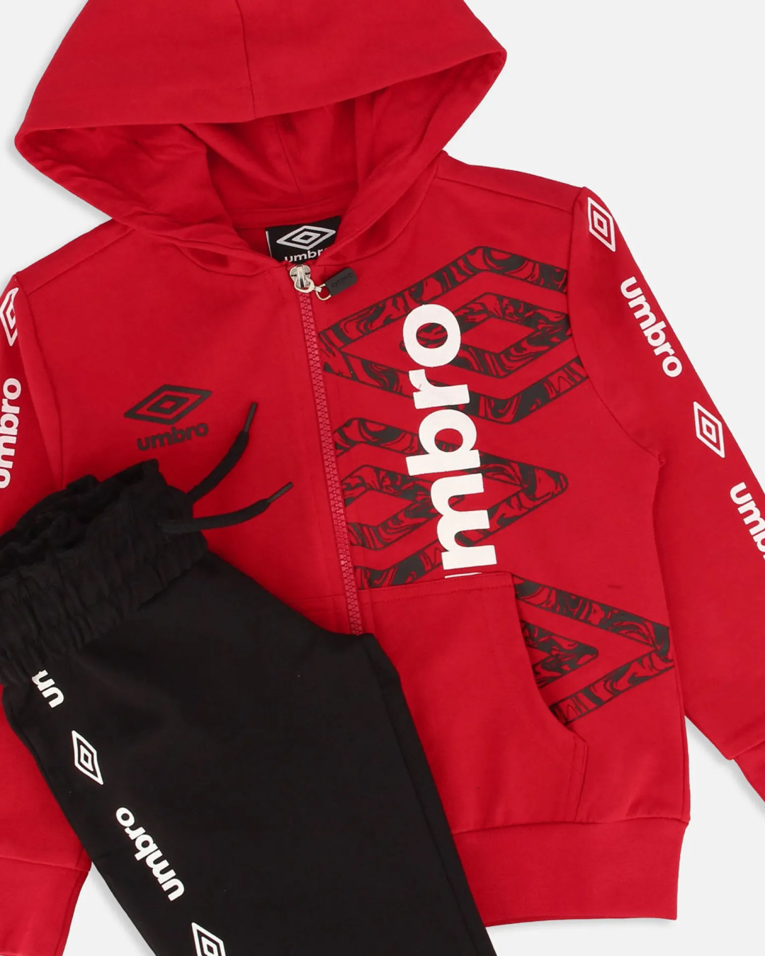 UMBRO - COMPLETO TUTA BIMBO FELPA ROSSA FULL ZIP CON CAPPUCCIO