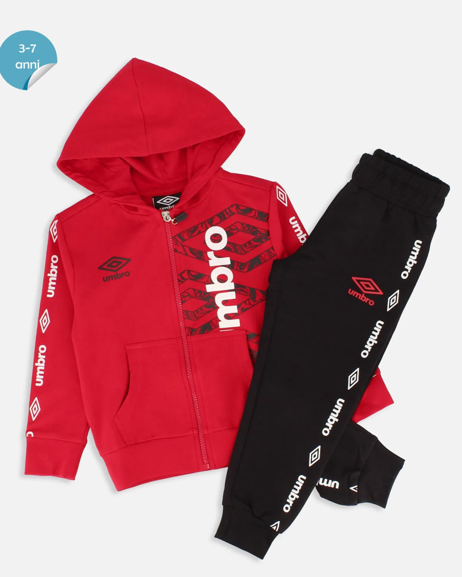 UMBRO - COMPLETO TUTA BIMBO FELPA ROSSA FULL ZIP CON CAPPUCCIO