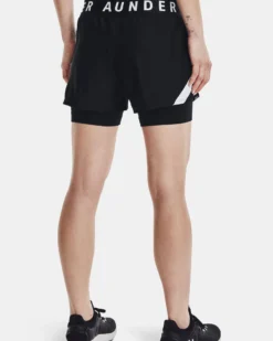 UNDER ARMOUR - Pantaloncini 2 in 1 da donna neri e bianchi in tessuto traspirante con elastico in vita