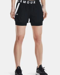 UNDER ARMOUR - Pantaloncini 2 in 1 da donna neri e bianchi in tessuto traspirante con elastico in vita