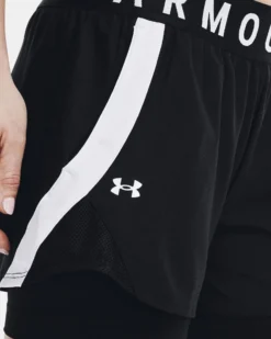 UNDER ARMOUR - Pantaloncini 2 in 1 da donna neri e bianchi in tessuto traspirante con elastico in vita