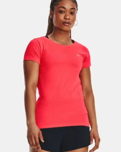 UNDER ARMOUR - T shirt da donna rossa in tessuto traspirante con logo bianco