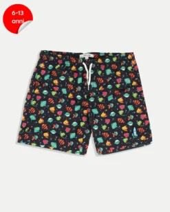 WAIKIKI RUN - BOXER MARE JUNIOR ( 6-13 ANNI) NERI CON DETTAGLI GRAFICI MULTICOLOR, PESCETTI