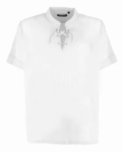 YELLOW DOG - CAMICIA MEZZA MANICA BIANCA, SCOLLO A V E LACCI FROTALI
