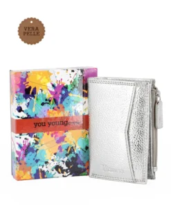 YOU YOUNG COVERI - Portafoglio argento in VERA PELLE da donna con tasca frontale