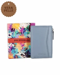 YOU YOUNG COVERI - Portafoglio celeste in VERA PELLE da donna con tasca frontale