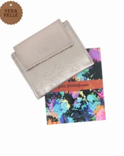 YOU YOUNG COVERI - Portafoglio grigio laminato in VERA PELLE con patta e ribaltina