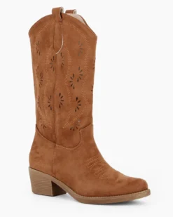 ZOE - Stivale texano camel scamosciato con zip laterale, tacco 5CM