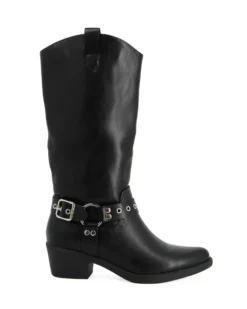 ZOE - Stivale texano nero con zip laterale e cinturino con fibbia, tacco 5CM
